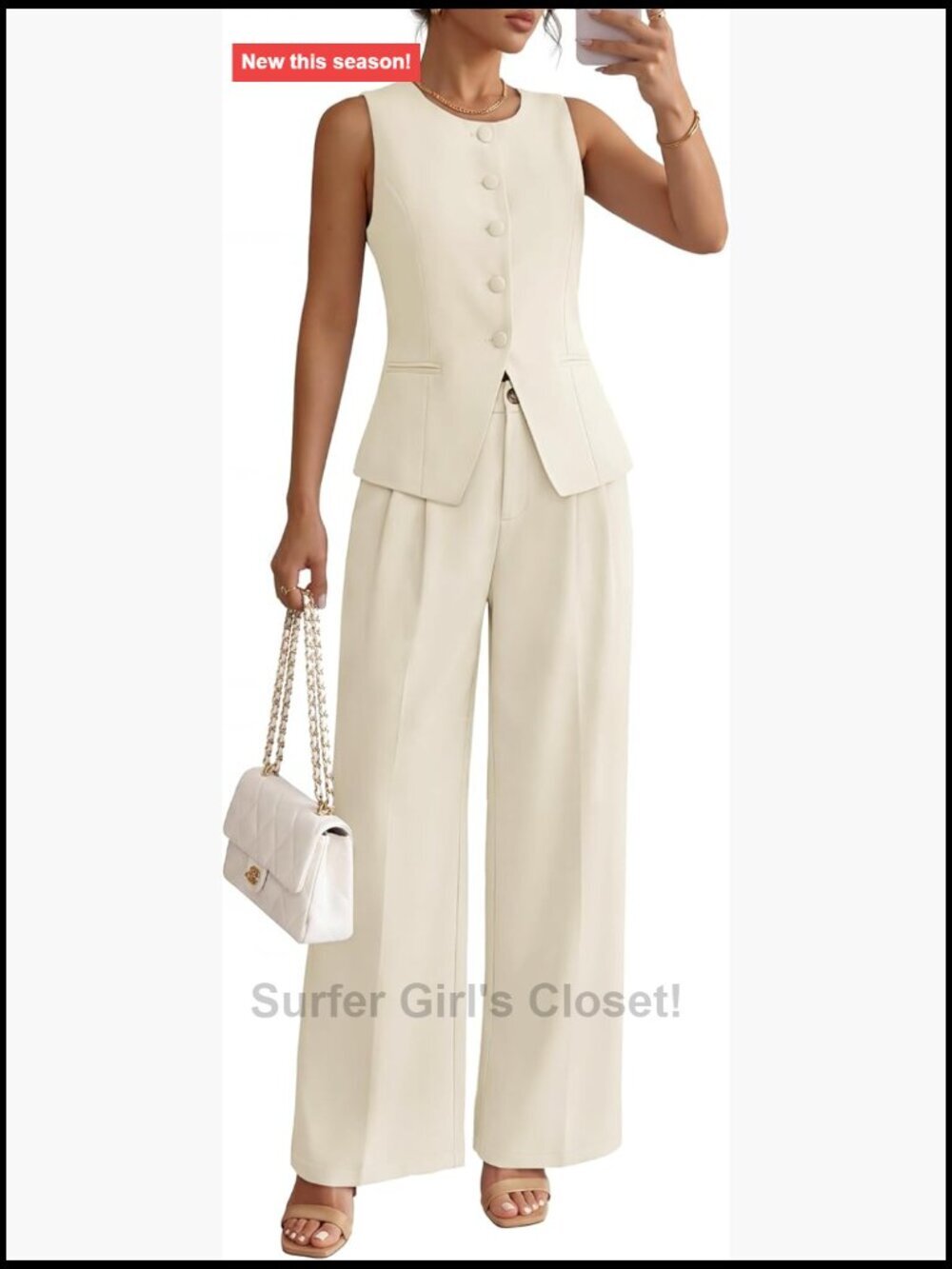 Sleeveless Blazer & Wide Leg Pants 2 Piece Suit Set Business Casual Work Outfit